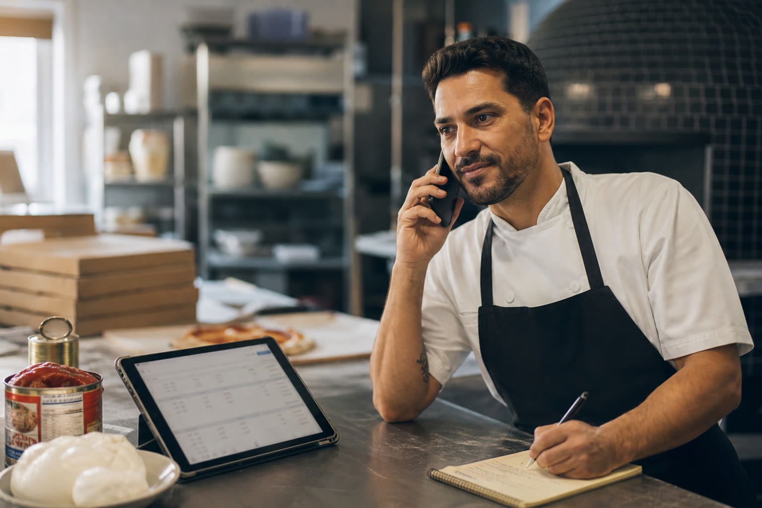 Restaurant operator on the phone writing an order in the kitchen — the desk your customers hear